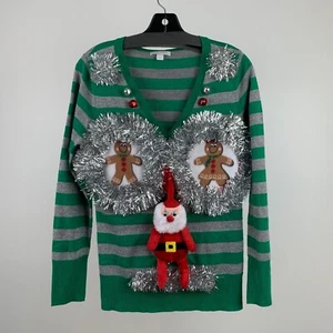 Suéter Feo Navidad Talla M Pan de Jengibre "Sujetador" Divertido Peluche Papá Noel Verde - Imagen 1 de 9