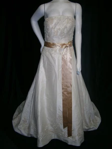 Merlili Wedding Dress 10 Satin Strapless Cafe Gold Embroidery Bling ShimmerTrain - Picture 1 of 19