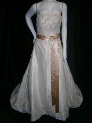 Merlili Wedding Dress 10 Satin Strapless Cafe Gold Embroidery Bling ShimmerTrain - Image 1 of 4