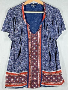 Lucky Brand Top Womens X-Large Blue Floral Boho Peasant Short Sleeve Blouse EUC - Picture 1 of 12