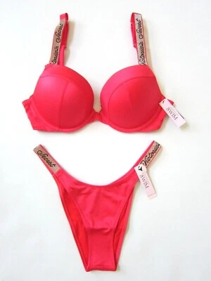 Victoria Secret SHINE Script Logo BRAZILIAN TEE BIKINI SWIM SUIT 36 38 C D M Set - Image 1 of 4