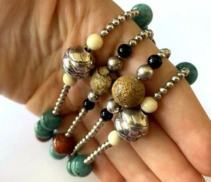 Southwestern Ladies Multi Bead Necklace 37'' Sterling 925 Amazonite Jasper Onyx - Picture 1 of 12