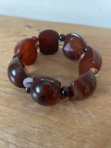 Stunning Chunky Carnelian Agate Stretch Bracelet Orange Brown Stone Banded - Picture 1 of 8