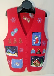 Chaleco Suéter Rojo Navidad Feo Talla XL Parche Adornado Trabajo Temas Vacaciones - Imagen 1 de 6