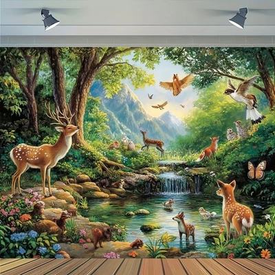 Tapiz vintage boho escena bosque decoración colgante de pared - Lan geométrico horizontal Foto 1 de 4