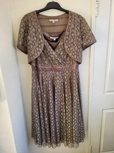 Jacques Vert Occasion Dress and Bolero Size 20 Bronze Gold Print Midi MOTB - Picture 1 of 16