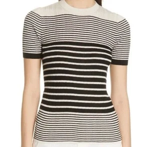 NWT ATM Anthony Thomas Melillo Stripe Silk Cashmere Sweater LARGE Ivory Black SS - Picture 1 of 11