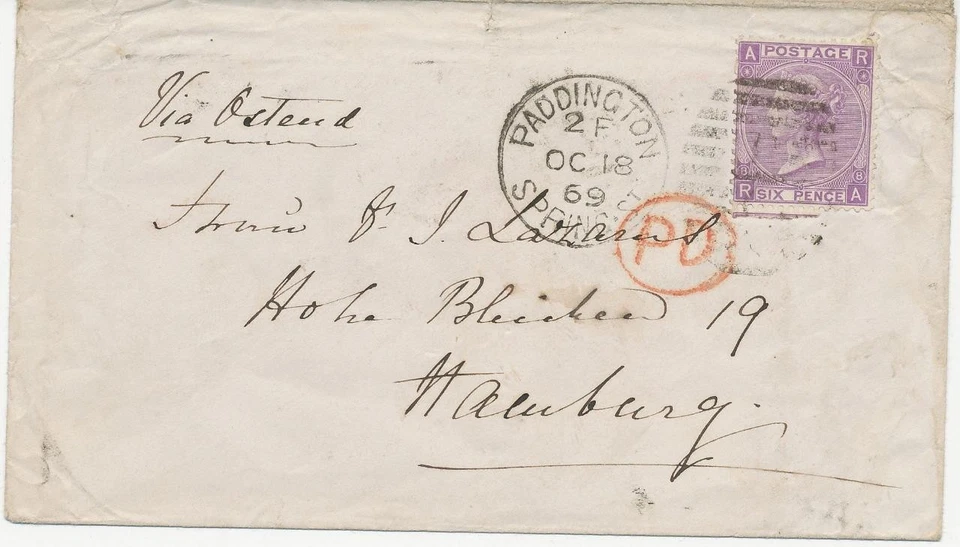 GB 1869 QV 6d Pl.8 bluish violet (RA) single postage VF cvr PADDINGTON / SPRING - Image 1 of 1