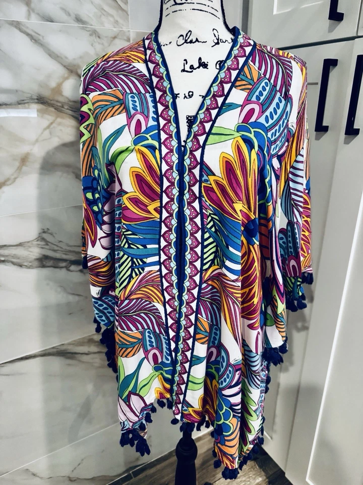 Trina Turk Colorful Beach Coverup Borla Trim One SZ Kimono Style  Foto 1 de 4