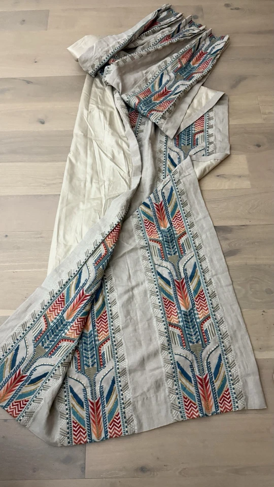 Handmade Blackout 2CurtainPanels Heavy Linen W/ Trebizon Embroidery  24” x 120” - Image 1 of 4