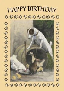 SMOOTH FOX TERRIER DOG AND CHICKENS BIRTHDAY GREETINGS NOTE CARD  - Picture 1 of 1