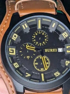 BUREI Men's Watch Analog Quartz Chronograph Leather Strap NEW in Box - Picture 1 of 13