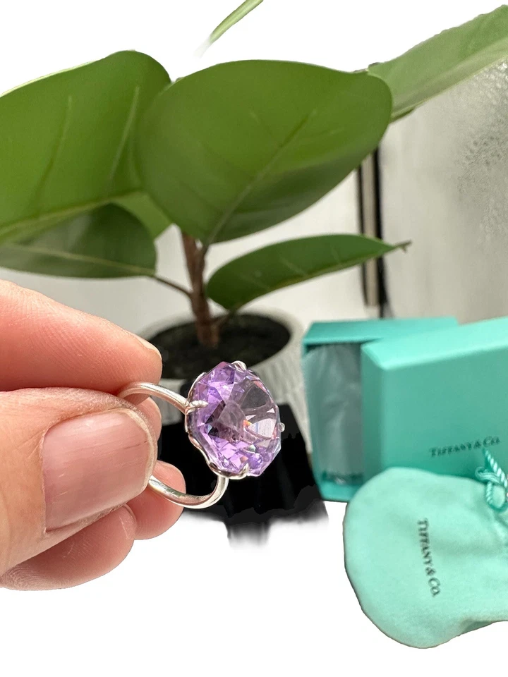 RARO Tiffany & Co. Octogonal Amatista Brillante Plata de Ley Retirado Talla 7 Foto 1 de 4