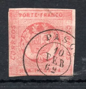 PERU, UNA PESETA, 1869, LINEAS EN ZIGZAG, 4 MARGENES, MATASELLOS DE PASCO - Picture 1 of 1
