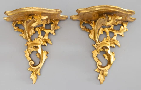 Pair of Vintage 1950s Italian Rococo Carved Gilt Wood Wall Brackets Shelves Cover