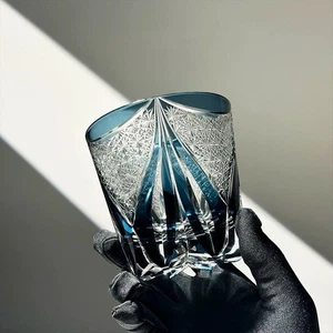 Edo Kiriko Crystal Whiskey Glasses Hand Cut To Clear Blue 12oz Gift Packing - Picture 1 of 13