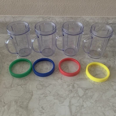 Magic Bullet Replacement Cups with Handles and Colored Lip Rings Lot of 4 - Image 1 of 4
