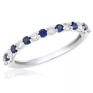 14K WHITE GOLD ROUND DIAMOND SAPPHIRE WEDDING BAND ANNIVERSARY RING STACKABLE - Picture 1 of 1