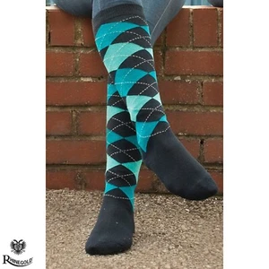 Rhinegold Fully Cushioned Sole Long Riding Socks – NAVY/TURQUOISE Super Stretchy - Picture 1 of 8