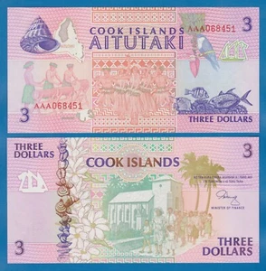 Cook Islands 3 Dollars P 7a ND 1992 UNC, AAA Prefix ( P 7 a ) - Picture 1 of 1