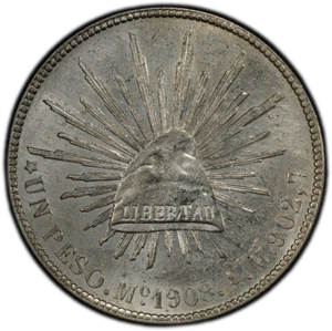 1908-Mo AM MEXICO 1 PESO PCGS AU DETAILS KM-409.2 - CAP & RAYS LIBERTAD (60529) - Picture 1 of 2