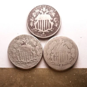 V17)   Lot of 3 Shield Nickels; 1868, 1869, 1870. AG to VG Details. - Picture 1 of 2