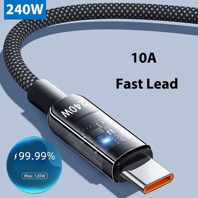 240W USB to Type-C Cable Braided Phone Fast Lead Charger 10A with LED Lighting - Imagen 1 de 4