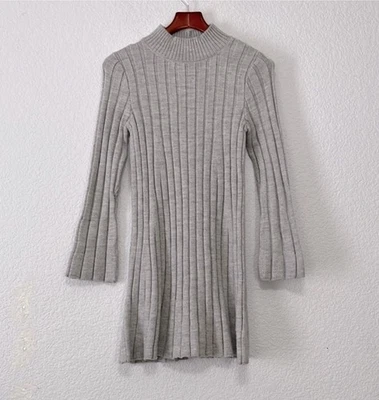 Anthropologie Gray Ribbed Knit Bell Sleeve Mini Dress NWT Size Large Petite LP - Image 1 of 4