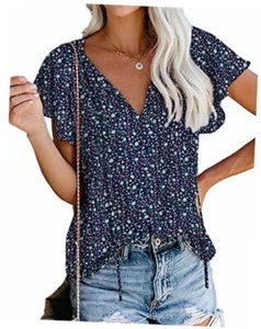  Women's Boho Tops Floral V Neck Short Sleeve Summer Blouse Large Navy Blue - Picture 1 of 7