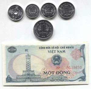 Vietnam 1975-76 2 xu, 1, 2, 5 hao & 1 Dong & 1 Dong Note 1985 Uncirculated - Picture 1 of 3