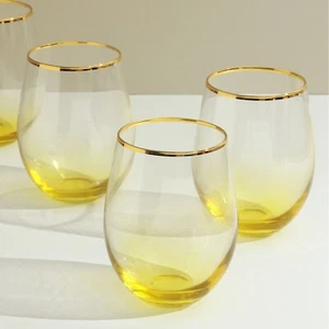 Juego de cuatro vasos de diseño G Decor Lázaro amarillo ombre con borde dorado - Imagen 1 de 5