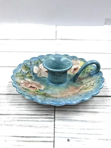 Vtg Hand Painted Porcelain Blue Pink Rose Candlestick Holder Finger Loop Drip - Picture 1 of 6