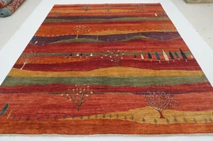8 x 10 ft Red Landscape Gabbeh Tribal Afghan Hand Knotted Wool Rug - Picture 1 of 19