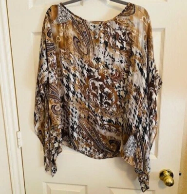 NUEVO SIN ETIQUETAS Kay Celine Marrón Multi Estampado Seda Poncho Cubierta Top Mangas Dolman M L Foto 1 de 3