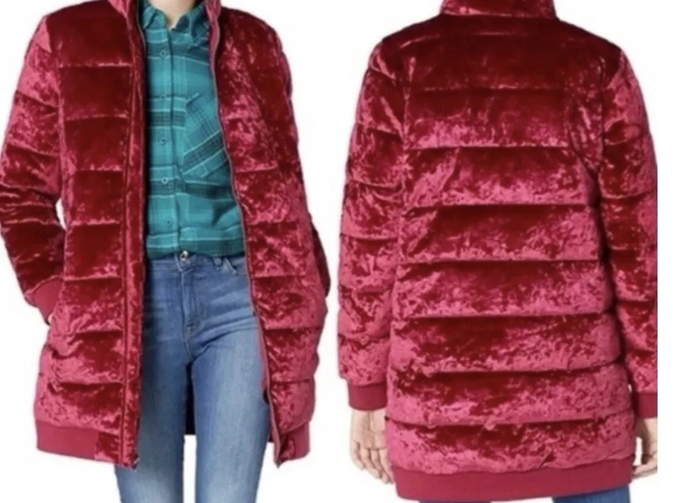 Jack by BB Dakota Junior Size Large Velvet Puffer Jacket Coat in Burgundy - Image 1 of 4