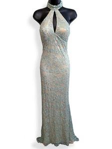 Vintage Dave & Johnny Teal Blue Green Beige Lace Silver Bead Rhinestones Gown - Picture 1 of 13