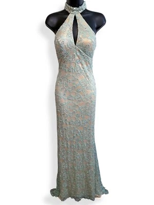 Vestido De Colección Dave & Johnny Azul Teal Verde Beige Encaje Cuentas Plateadas Estrás Foto 1 de 4