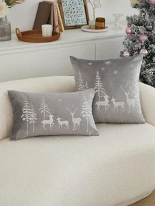 Festive Grey Velvet Christmas Cushion Cover Embroidered Reindeer Xmas Tree Decor - Picture 1 of 21