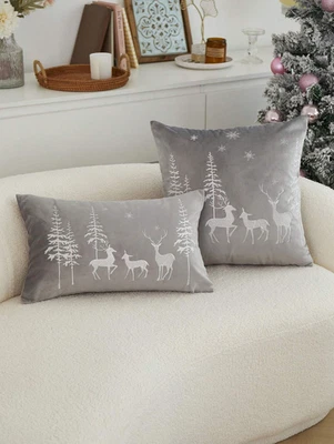 Festive Grey Velvet Christmas Cushion Cover Embroidered Reindeer Xmas Tree Decor - Image 1 of 4