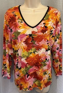 CHICOS SIZE I WOMENS 3/4 SLEEVE TOP. ORANGES & RED FLORAL PRINT. VGC. Y - Picture 1 of 3