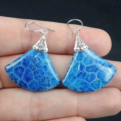 925 Sterling Silber Ohrringe blau farbig mit Harz gefüllte Koralle Schmuck... - Bild 1 von 4