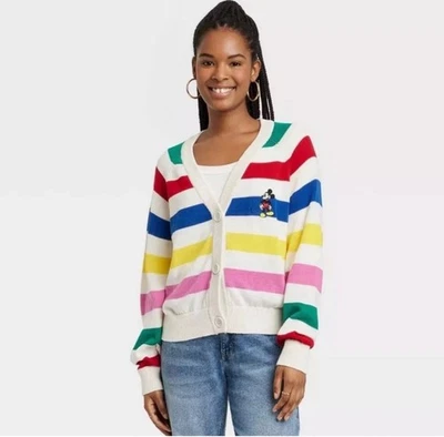 Cardigã feminino Disney Mickey Mouse 100º aniversário listrado arco-íris suéter XS - Imagem 1 de 2