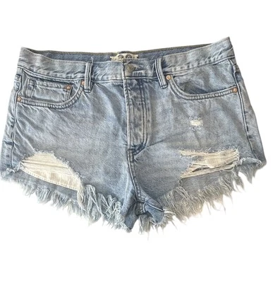 Pantalones Cortos de Jean We The Free People Button Fly Distressed Cintura Alta para Mujer 29 Azul Foto 1 de 4