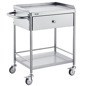 VEVOR 2-Tier Stainless Steel Cart Mobile Lab Utility Cart with A Drawer 220 lbs
