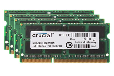 Crucial 16GB RAM 4X 4GB 2RX8 PC3-10600S DDR3 1333Mhz 204Pin SODIMM Laptop Memory - Image 1 of 4