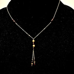 Vintage 14k Yellow Gold Red Garnet Bead Station Lariat Style 20" Necklace - Picture 1 of 8