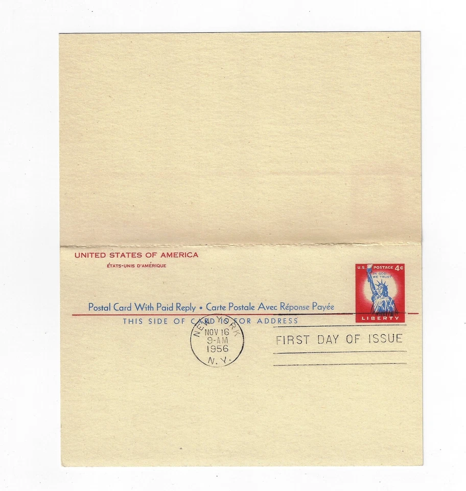 US #UX45 FDC 1956, Postal card, 4c Statue of Liberty WITH PREPAID REPLY CARD - Image 1 of 1
