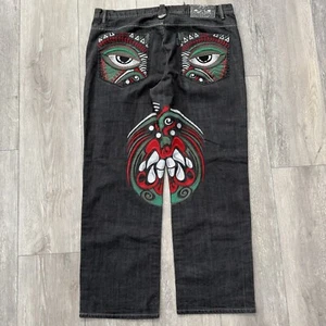 Vintage Y2K Parish Embroidered RARE Baggy Skater Denim Jeans Black - Picture 1 of 9