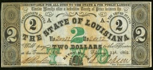 Baton Rouge, LA - Estado de Louisiana $2 24 de febrero de 1862 ¡Núcido sin circular! - Imagen 1 de 2