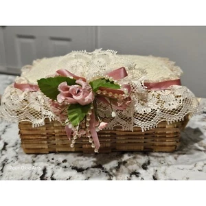 Country Lace Basket Keepsake Box Decorative Cottagecore Floral Ribbon - Picture 1 of 7